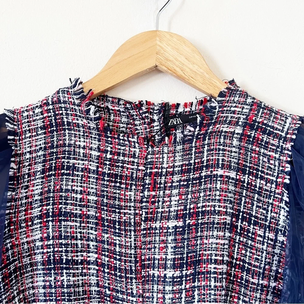 Zara Tweed Blue Red Organza Blouse Top - Picture 4 of 7